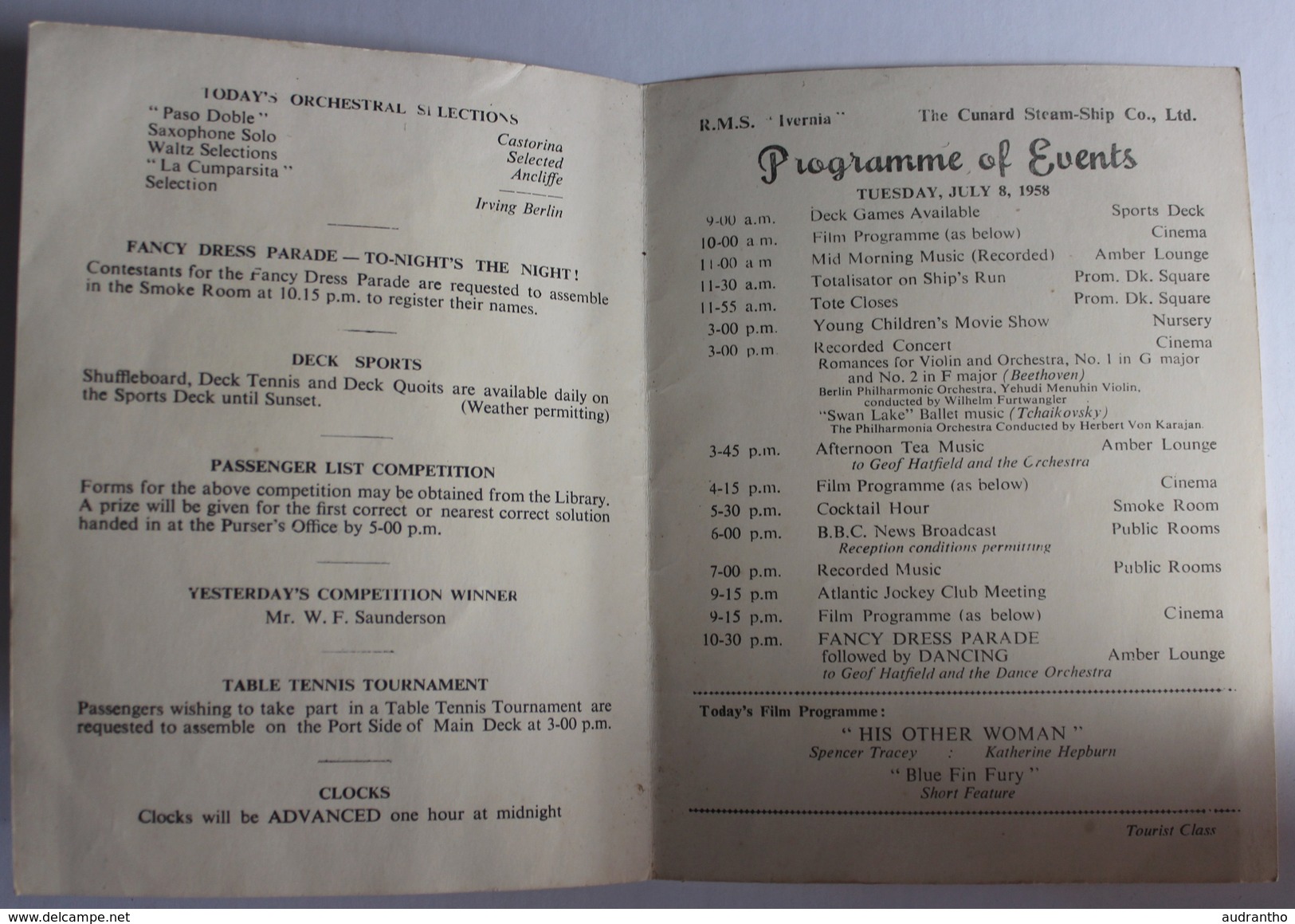 Programme Paquebot RMS IVERNIA Cunard Stream Ship 8 Juillet 1958 - Altri & Non Classificati