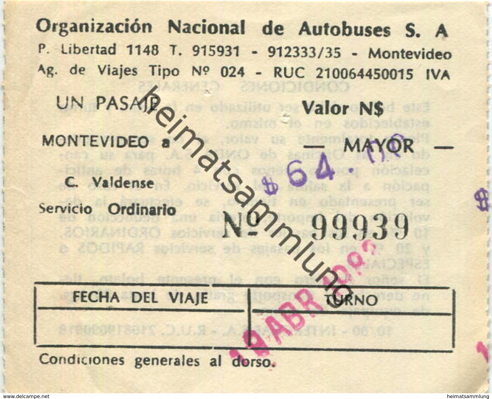 Uruguay - Montevideo 1983 - Organizacion Nacional De Autobuses S.A - Fahrschein N$ 64.00 - Monde