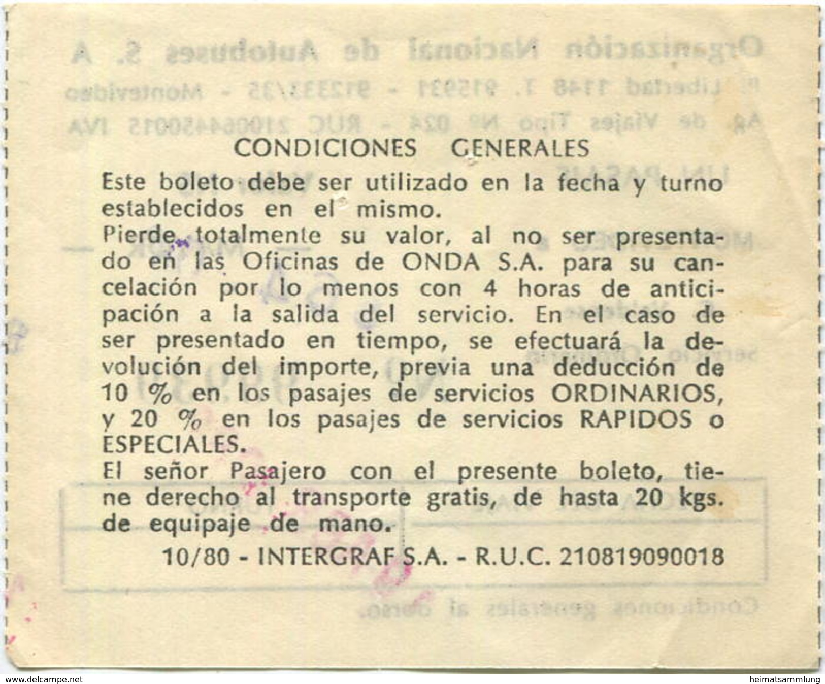 Uruguay - Montevideo 1983 - Organizacion Nacional De Autobuses S.A - Fahrschein N$ 64.00 - Mondo