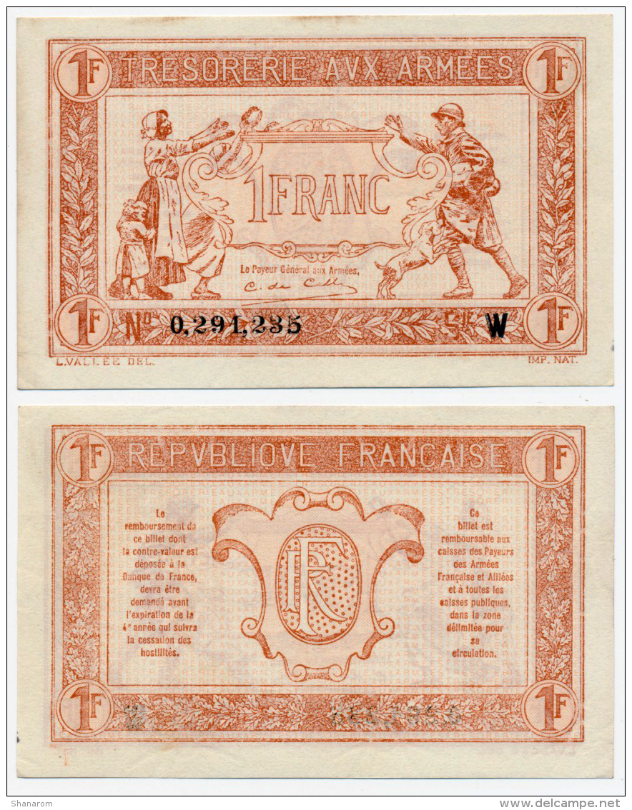 TRESORERIE AUX ARMEES // 1919 // Un Franc // Série W - 1917-1919 Army Treasury
