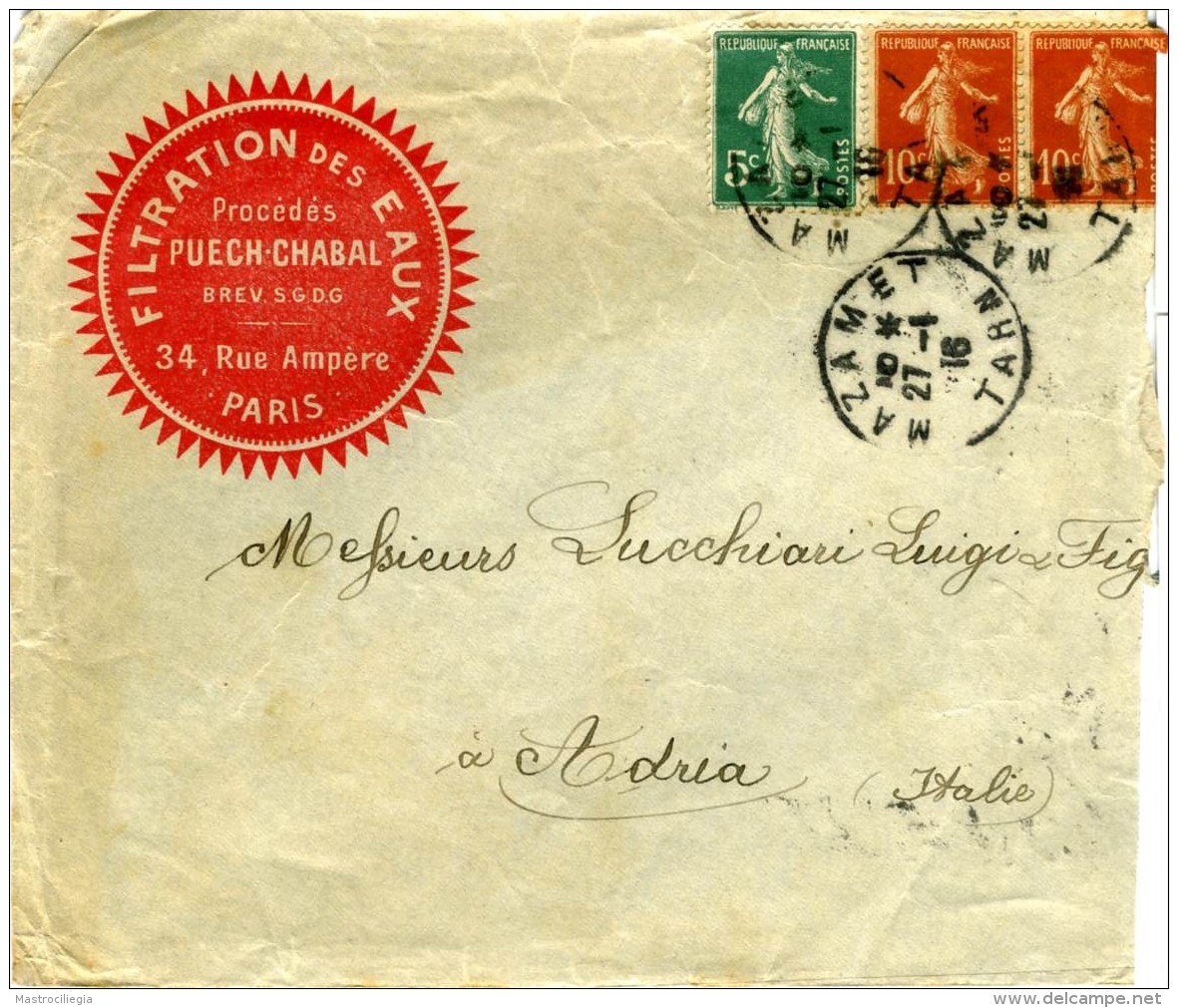 FRANCE 1916  Enveloppe Mazamet - Adria Rovigo Italia  Filtration Des Eaux - Storia Postale