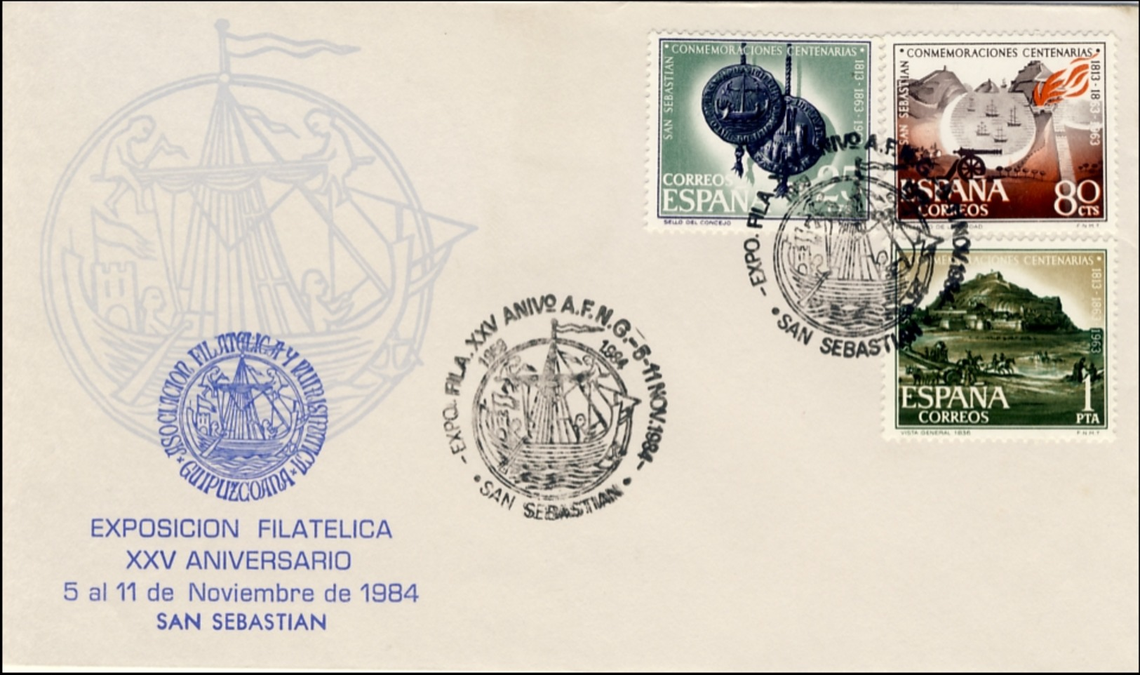 1984 San Sebastian. Sobre Conmemorativo. 25 Aniversario Asociacion Filatélica Guipuzcoana. Barco - Ship. - Exposiciones Filatélicas