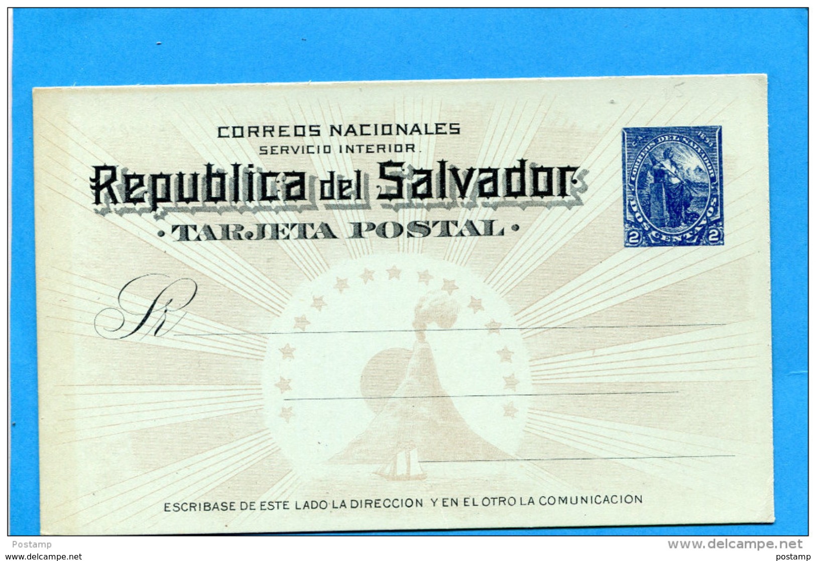 MARCOPHILIE -SALVADOR- Tarjeta Entier Postal- 2 Ct Bleu / Vert Clair-Republica  - Servicio Interior-1885 - El Salvador