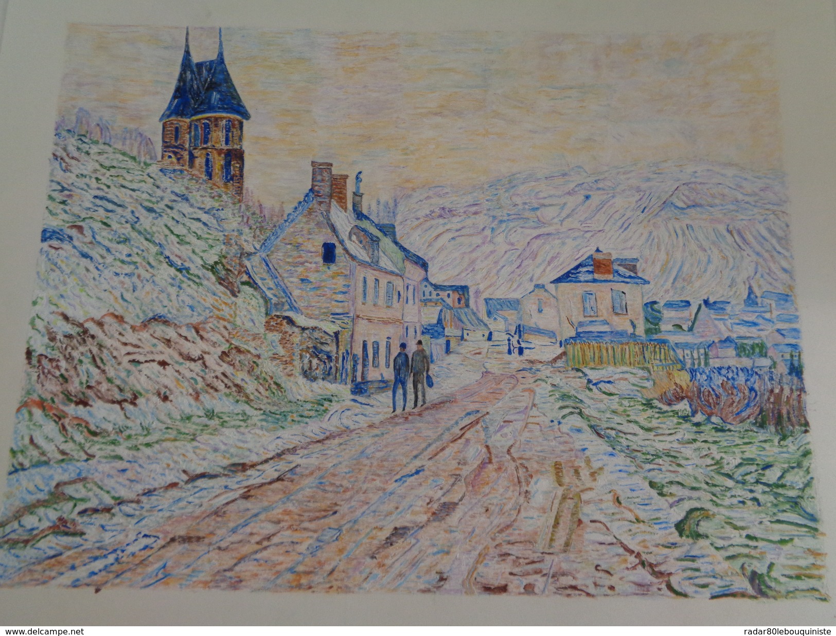 Entrée De Village à Vétheuil Sous La Neige.D'après Claude Monet.feuille:560 X 432 Mm.Acrylique Sur Papier Par Debeaupuis - Acryliques