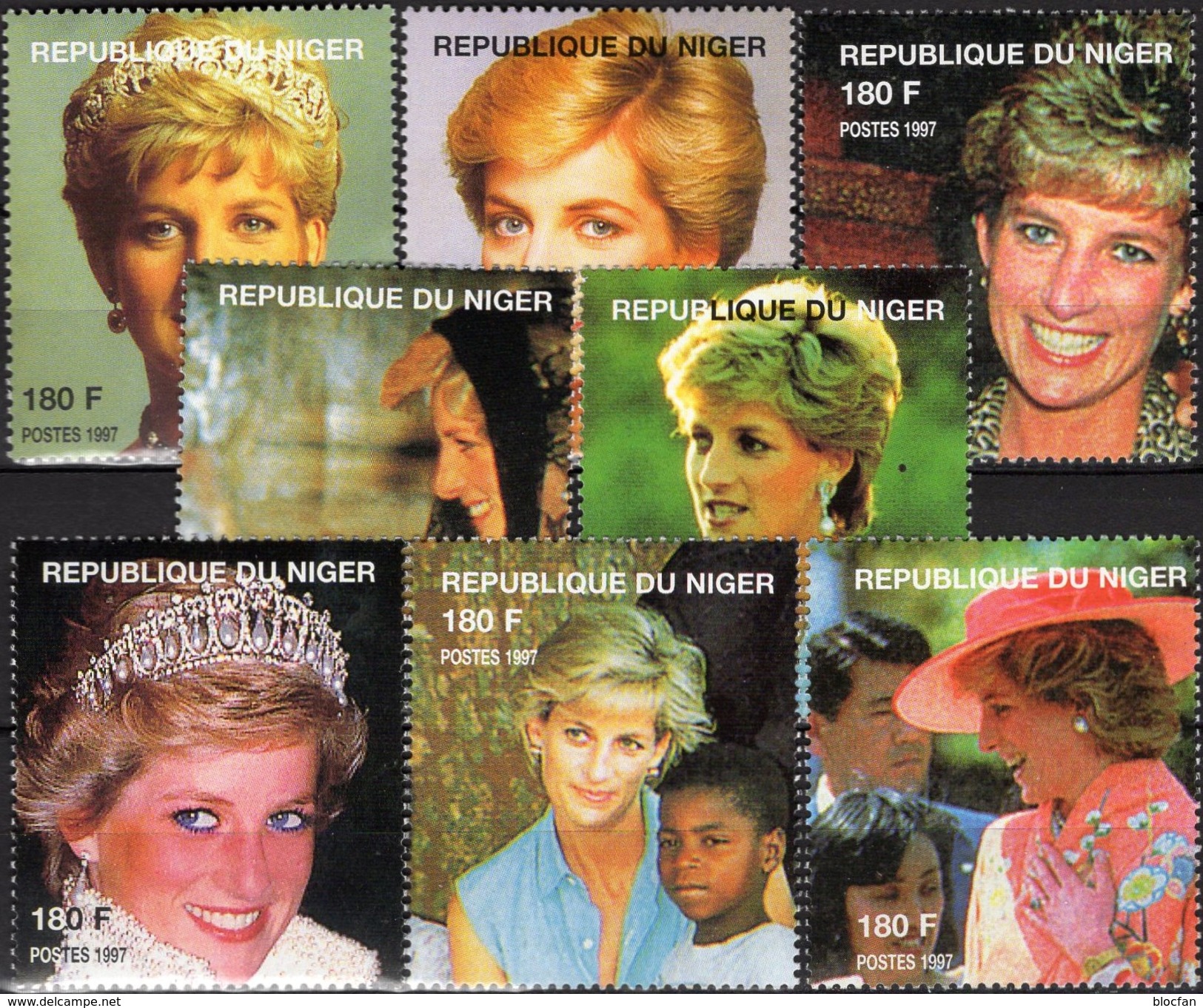 Porträt Mode Schmuck Blumen Princess Diana 1998 DuNiger Aus 8 Blocks ** 48&euro; Blocs Lady Di Wales Ss Stamps Bf AFRICA - Vignettes De Fantaisie