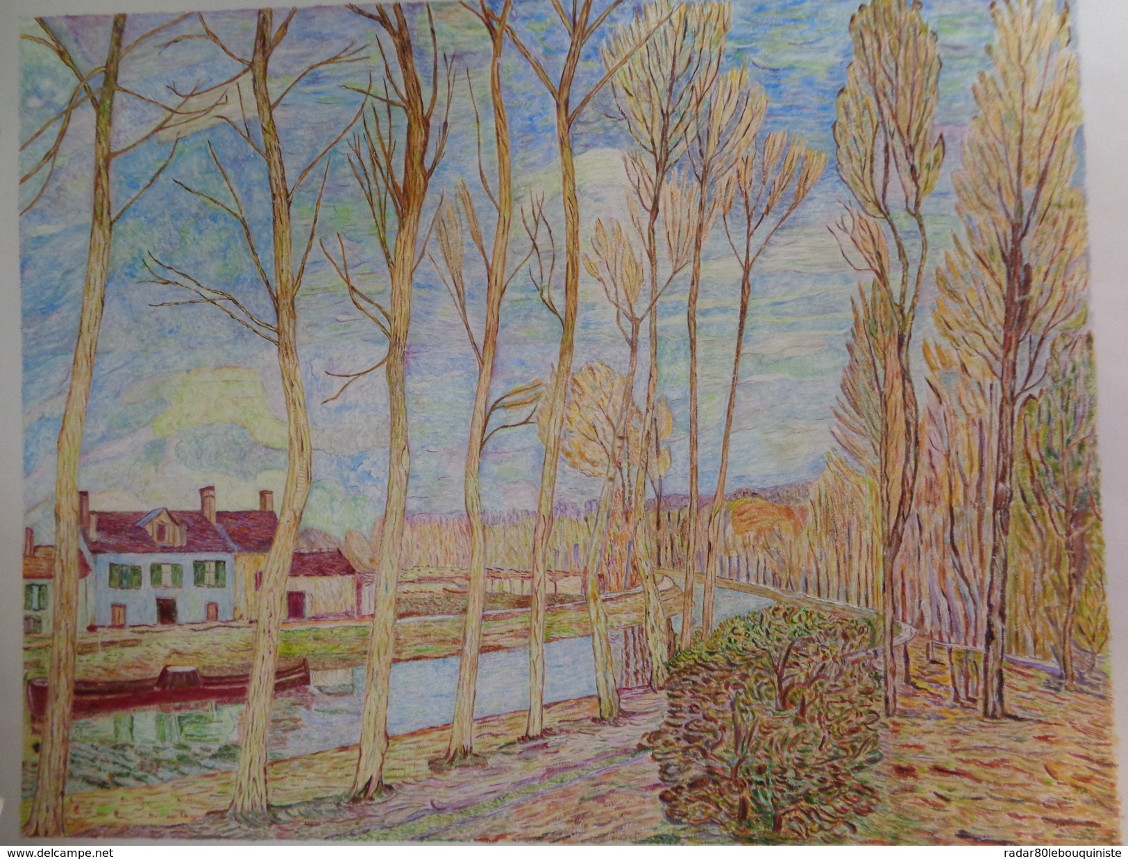 Le Canal Du Loing.D'après Alfred Sisley.la Feuille:610 X 485 Mm.Acrylique Sur Papier Par Debeaupuis.1972 - Acrilici