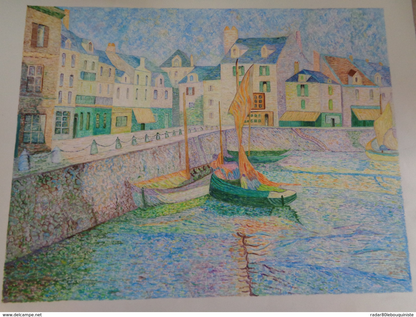 Le Port -bassin Du Croisic Au Soleil.D'après Le Sidaner.la Feuille:590 X 460 Mm.Acrylique Sur Papier Par Debeaupuis - Acrilici