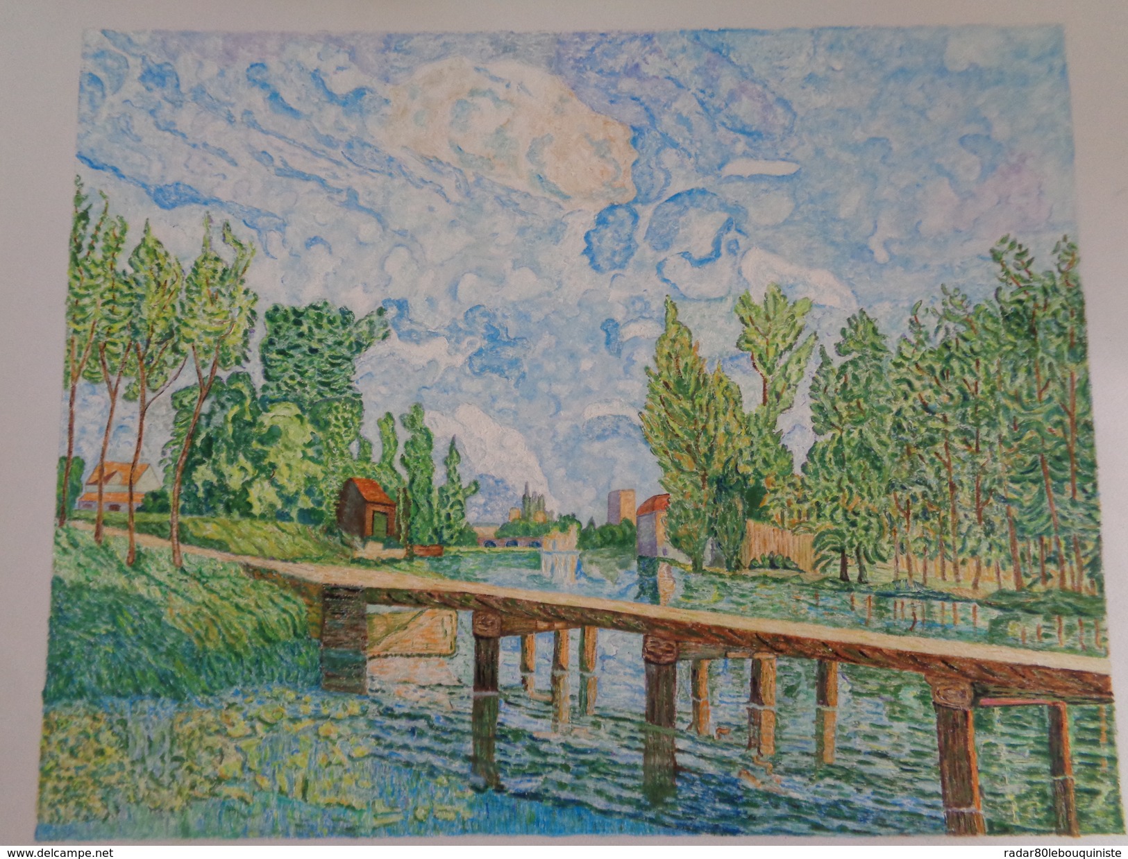 La Passerelle,Moret Sur Le Loing.d'après Alfred Sisley.la Feuille:568 X 439 Mm.Acrylique Sur Papier Par Debeaupuis.1975 - Acrilici