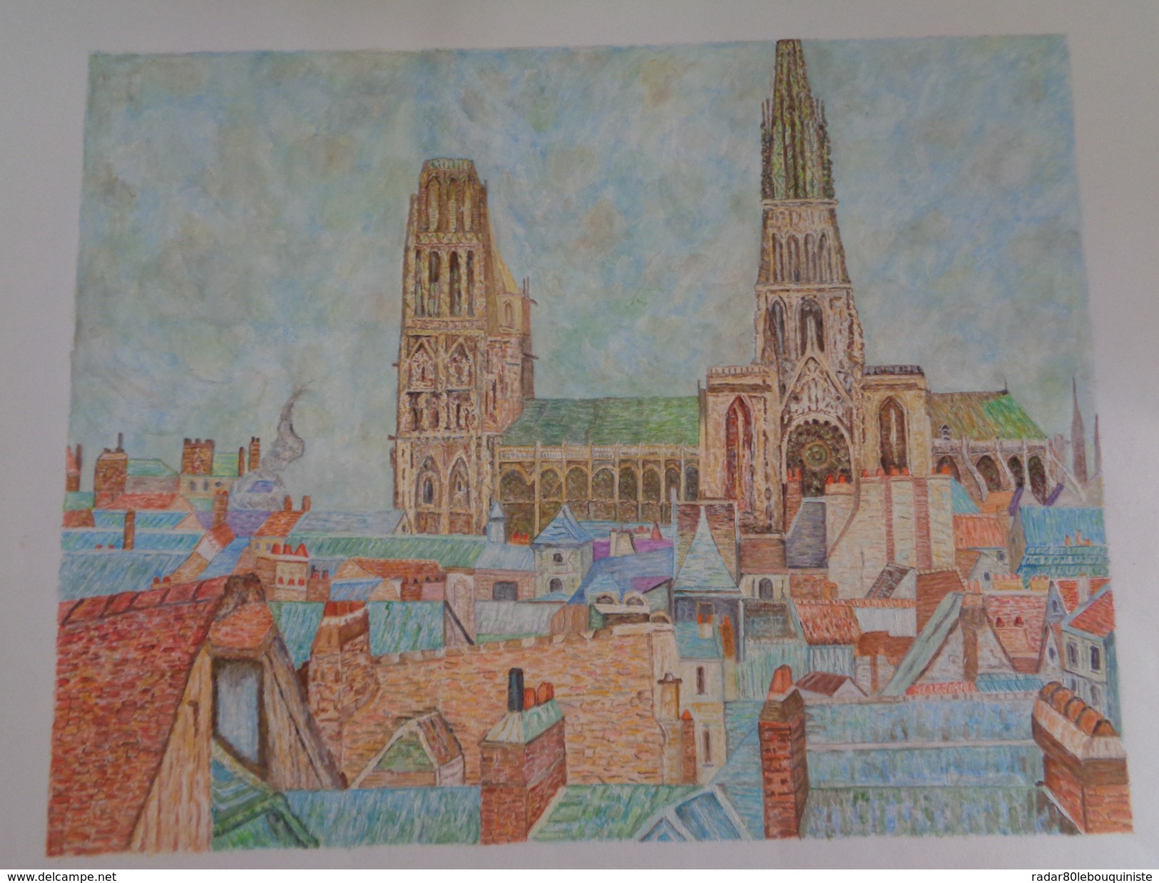 Toits Du Vieux Rouen,temps Gris.d'après Camille Pissaro.la Feuille:560 X 440 Mm.Acrylique Sur Papier Par Debeaupuis.1983 - Acrilicos