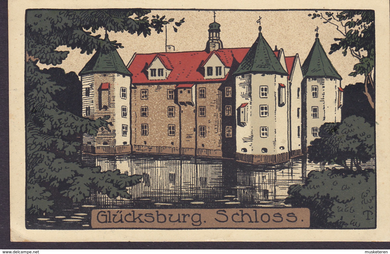 Germany Deutsches Reich PPC Glücksburg Schloss FLENSBURG 1928 3-Stripe V. Schiller (2 Scans) - Gluecksburg