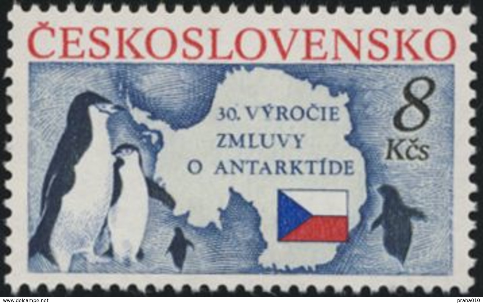 Czechoslovakia / Stamps (1991) 2978: 30th Anniversary Of The Antarctic Treaty (Penguins And Map) Painter: Ivan Schurmann - Tratado Antártico