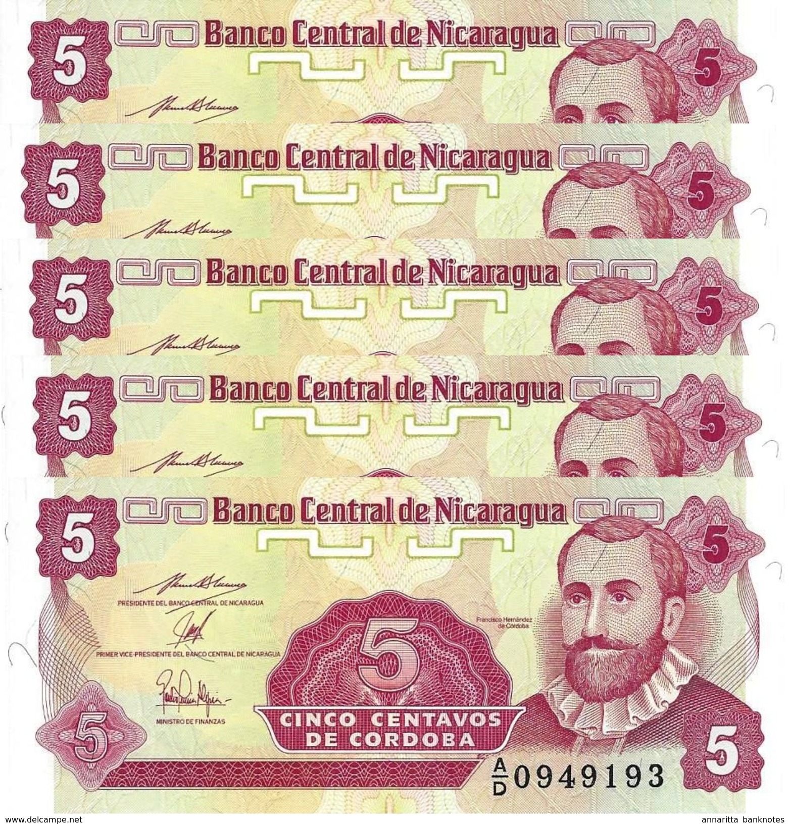 Nicaragua 5 Centavos ND (1990), PREFIX A/D UNC, P-168a, NI462b 5pcs - Nicaragua