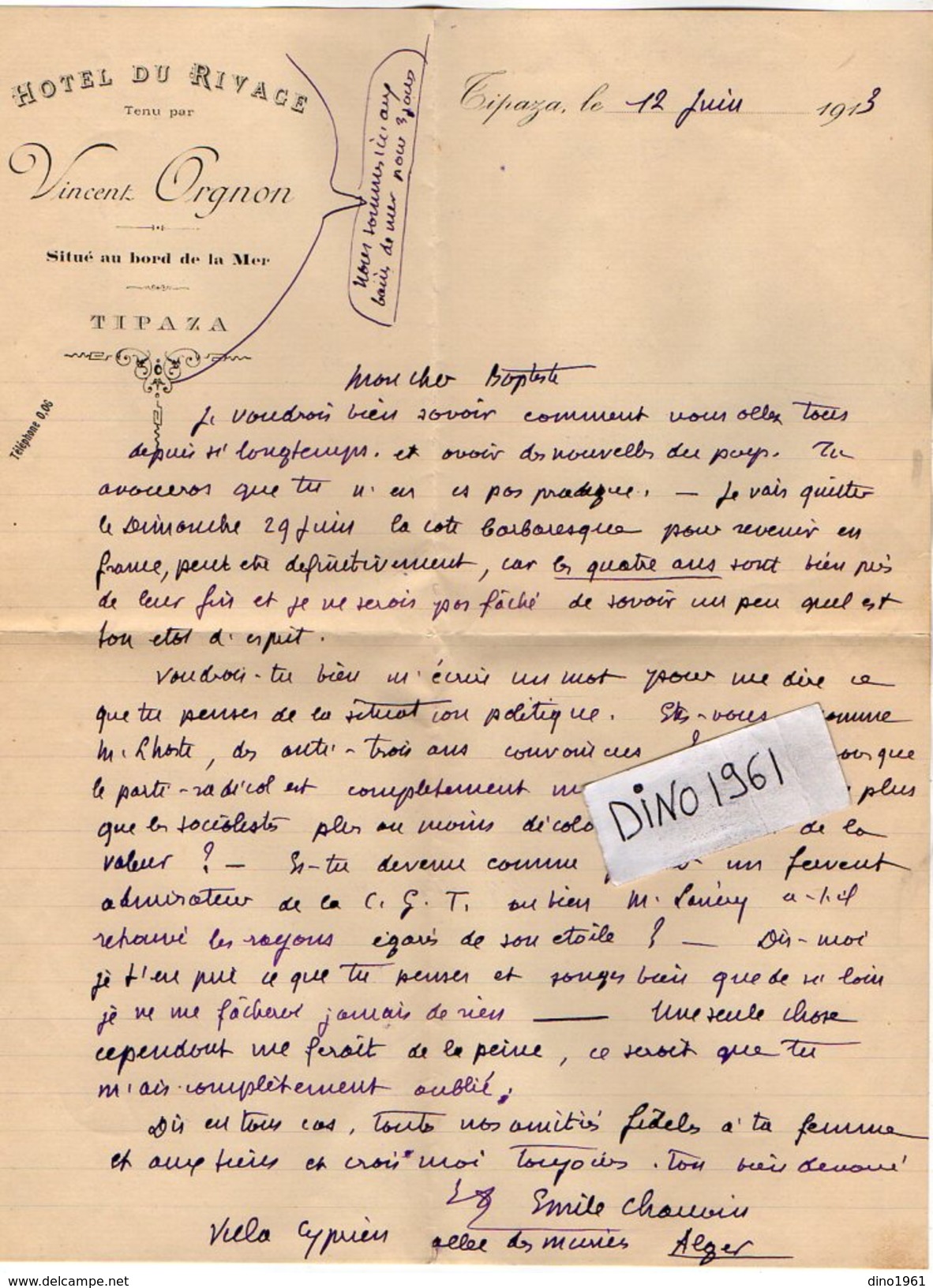 VP7923 - TIPAZA ( Algérie ) - Lettre & Enveloppe Illustrée - Mr E. CHAUVIN Ancien Député De Seine & Marne Né à PROVINS - Autres & Non Classés