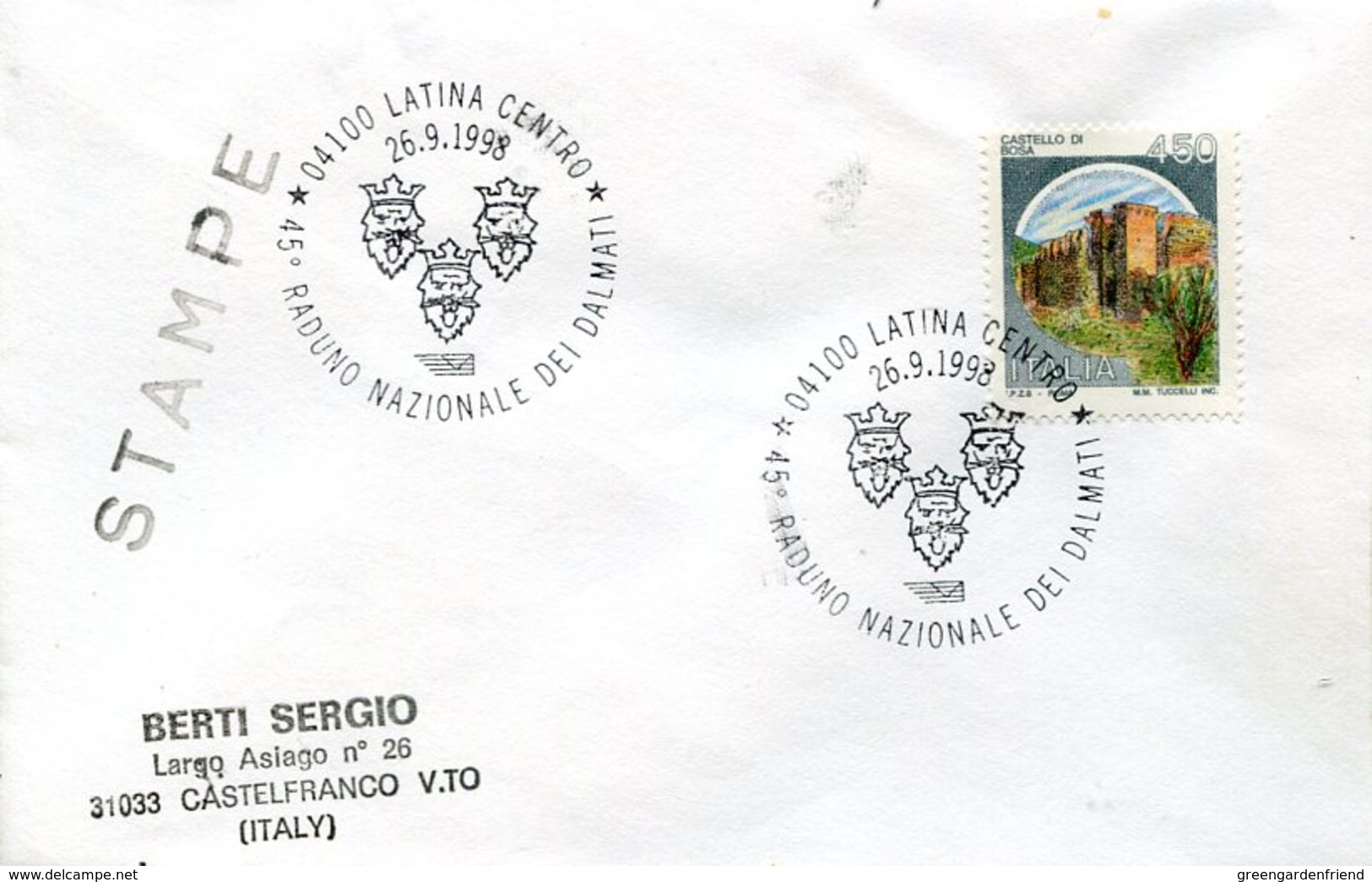 18129 Italia, Special Postmark Latina 1998 Raduno Naz. Dei Dalmati - Non Classés