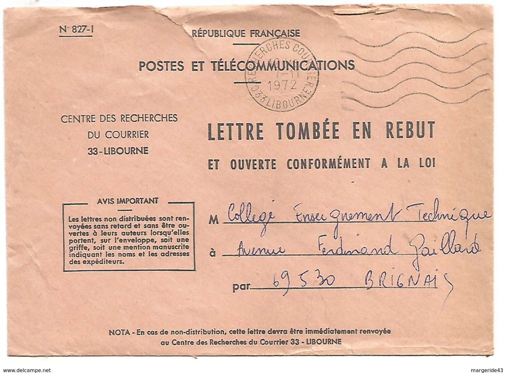 OBLITERATION MECANIQUE DE RECHERCHES COURRIER DE LIBOURNE 1972 - 1961-....