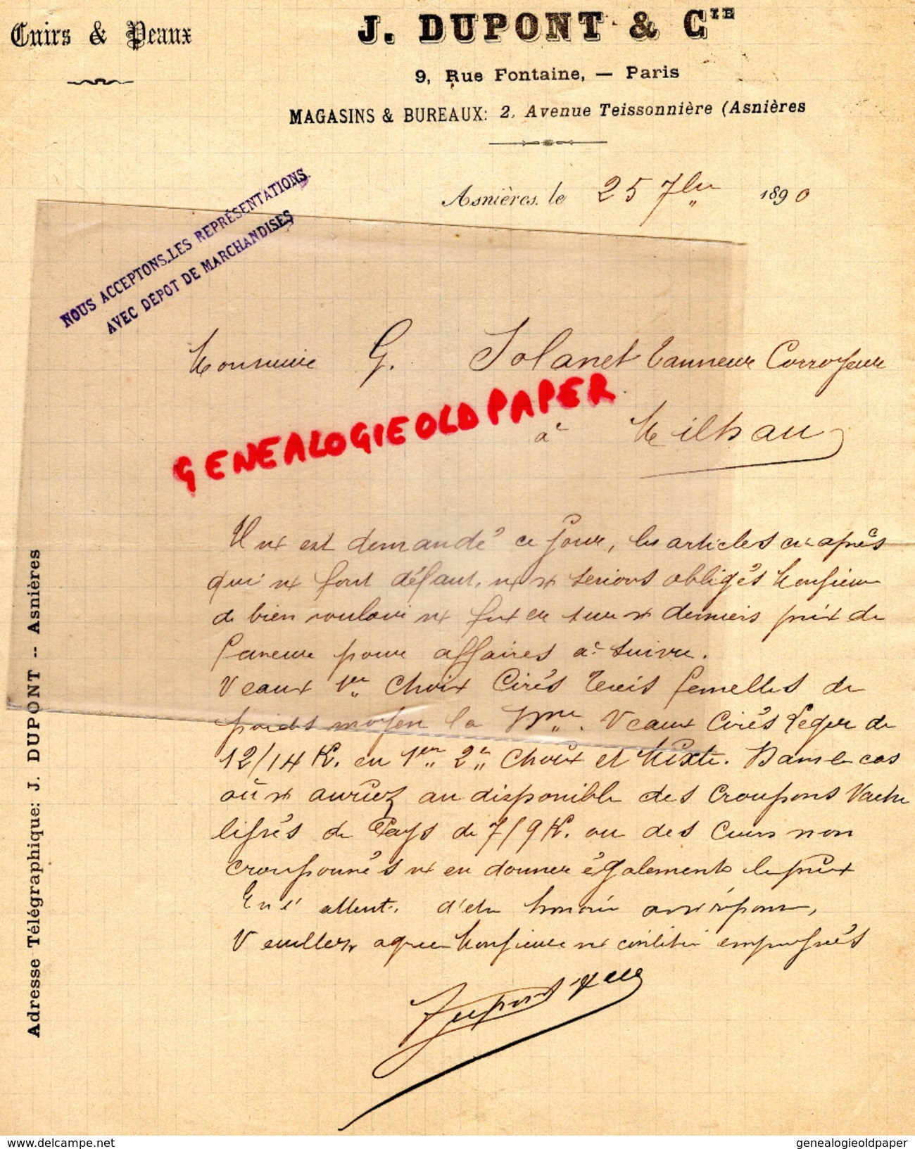 92 - ASNIERES- BELLE LETTRE MANUSCRITE J.DUPONT & CIE-9 RUE FONTAINE PARIS- 2 AV. TEISSONNIERE-GANTERIE-MEGISSERIE-1890 - 1800 – 1899