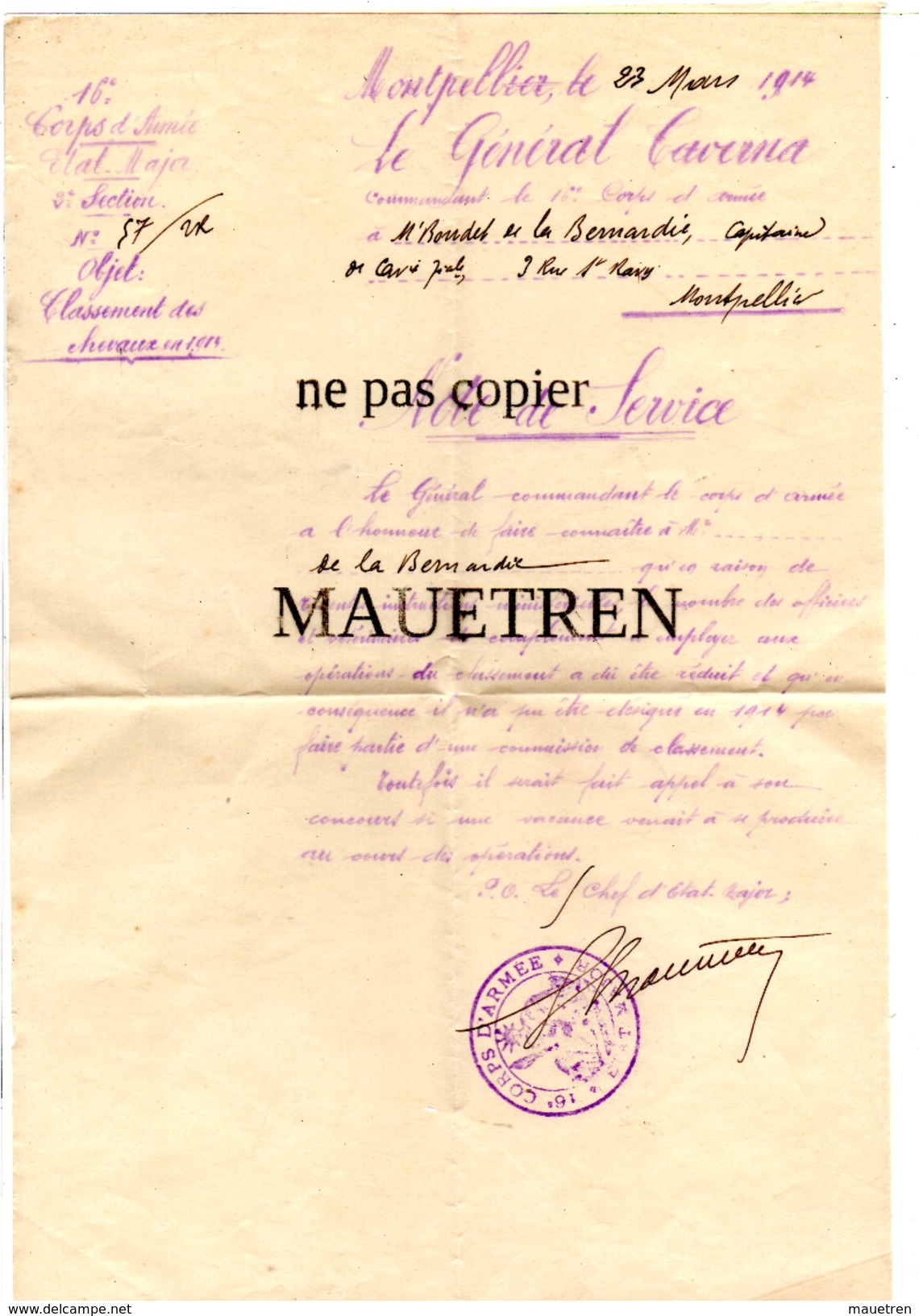 NOTE DE SERVICE DE 1914 . ETAT MAJOR 16° CORPS D'ARMEE - Documents