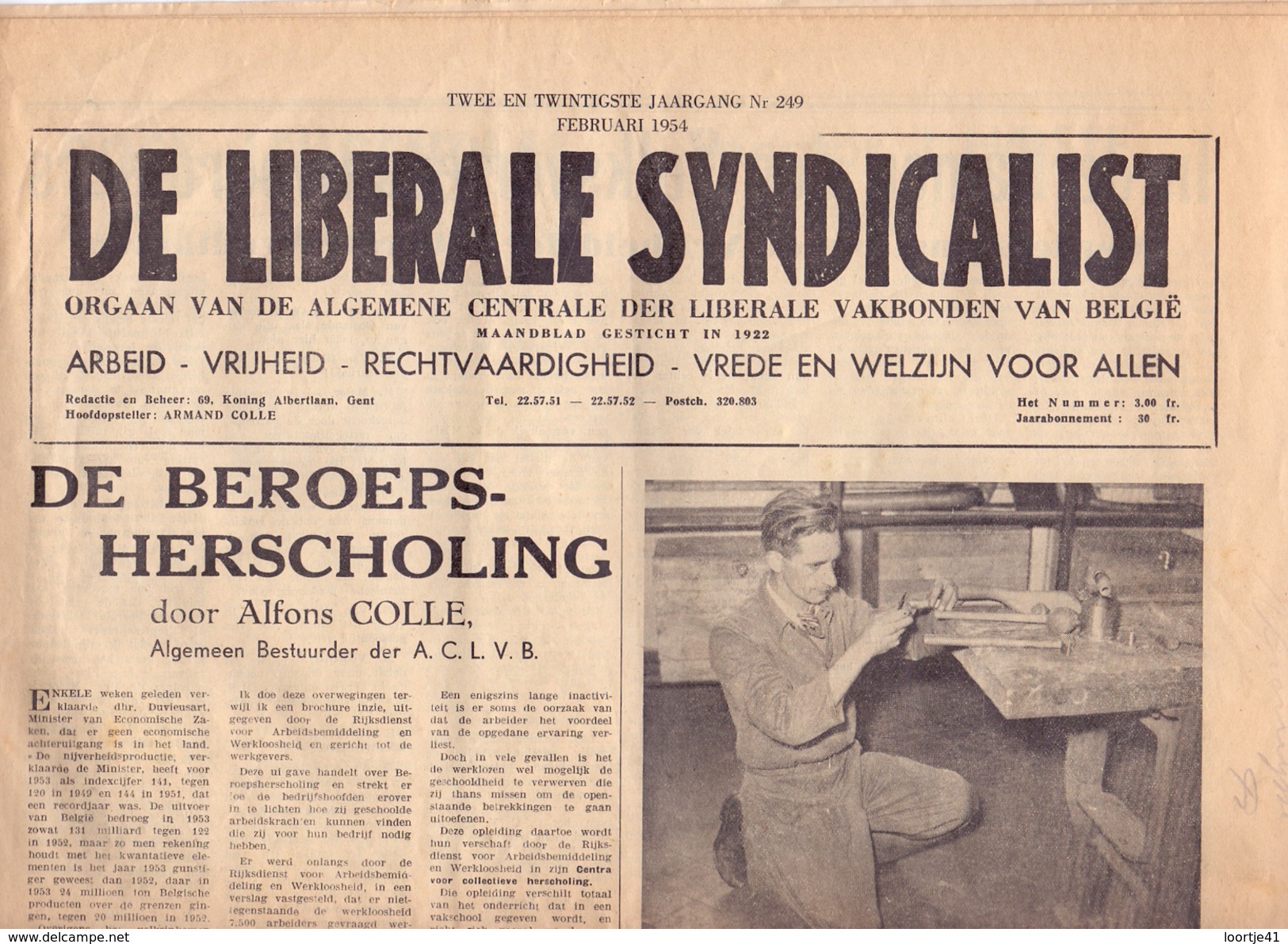 Krant Gazette Journal - De Liberale Syndicalist - A. Colle Gent - Bijdrage Overlijden Julius Hoste - 1954 - Practical