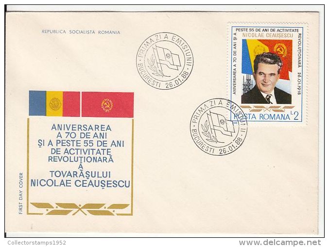 55659- NICOLAE CEAUSESCU, ROMANIAN SOCIALIST REPUBLIC, COMMUNIST DICTATOR, COVER FDC, 1988, ROMANIA - FDC