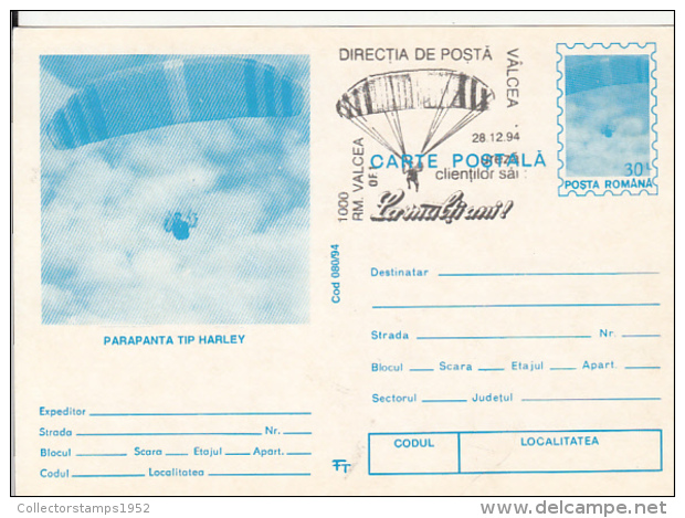 55700- HARLEY PARAGLIDER, PARACHUTTING, POSTCARD STATIONERY, 1994, ROMANIA - Fallschirmspringen