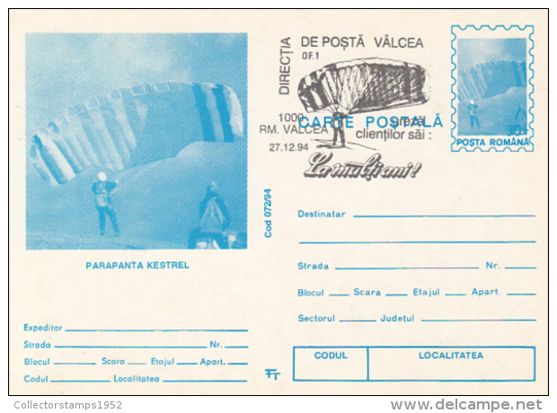 55703- KESTREL PARAGLIDER, PARACHUTTING, POSTCARD STATIONERY, 1994, ROMANIA - Fallschirmspringen