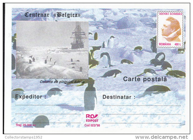 55730- BELGICA ANTARCTIC EXPEDITION, SHIP, PENGUINS, H. SOMERS, POSTCARD STATIONERY, 1998, ROMANIA - Antarctische Expedities