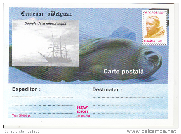 55731- BELGICA ANTARCTIC EXPEDITION, SHIP, SEAL, E. KNUDSEN, POSTCARD STATIONERY, 1998, ROMANIA - Spedizioni Antartiche