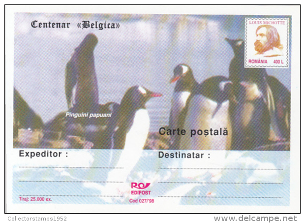 55734- BELGICA ANTARCTIC EXPEDITION, SHIP, PENGUINS, L. MICHOTTE, POSTCARD STATIONERY, 1998, ROMANIA - Antarctische Expedities