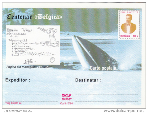 55739- BELGICA ANTARCTIC EXPEDITION, SHIP, WHALE, E. RACOVITA, POSTCARD STATIONERY, 1998, ROMANIA - Spedizioni Antartiche