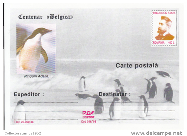 55740- BELGICA ANTARCTIC EXPEDITION, SHIP, PENGUINS, F. COOK, POSTCARD STATIONERY, 1998, ROMANIA - Spedizioni Antartiche