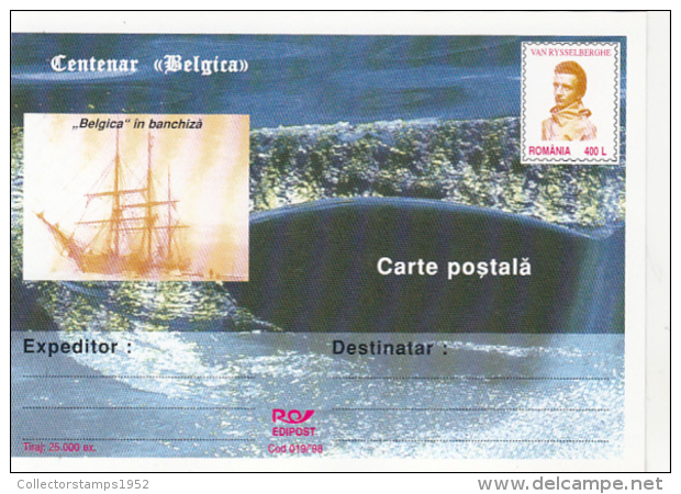 55743- BELGICA ANTARCTIC EXPEDITION, SHIP, WHALE, VAN RYSSELBERGHE, POSTCARD STATIONERY, 1998, ROMANIA - Spedizioni Antartiche