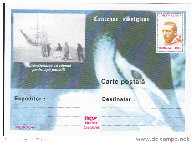 55744- BELGICA ANTARCTIC EXPEDITION, SHIP, PENGUIN, J. KOREN, POSTCARD STATIONERY, 1998, ROMANIA - Antarctische Expedities