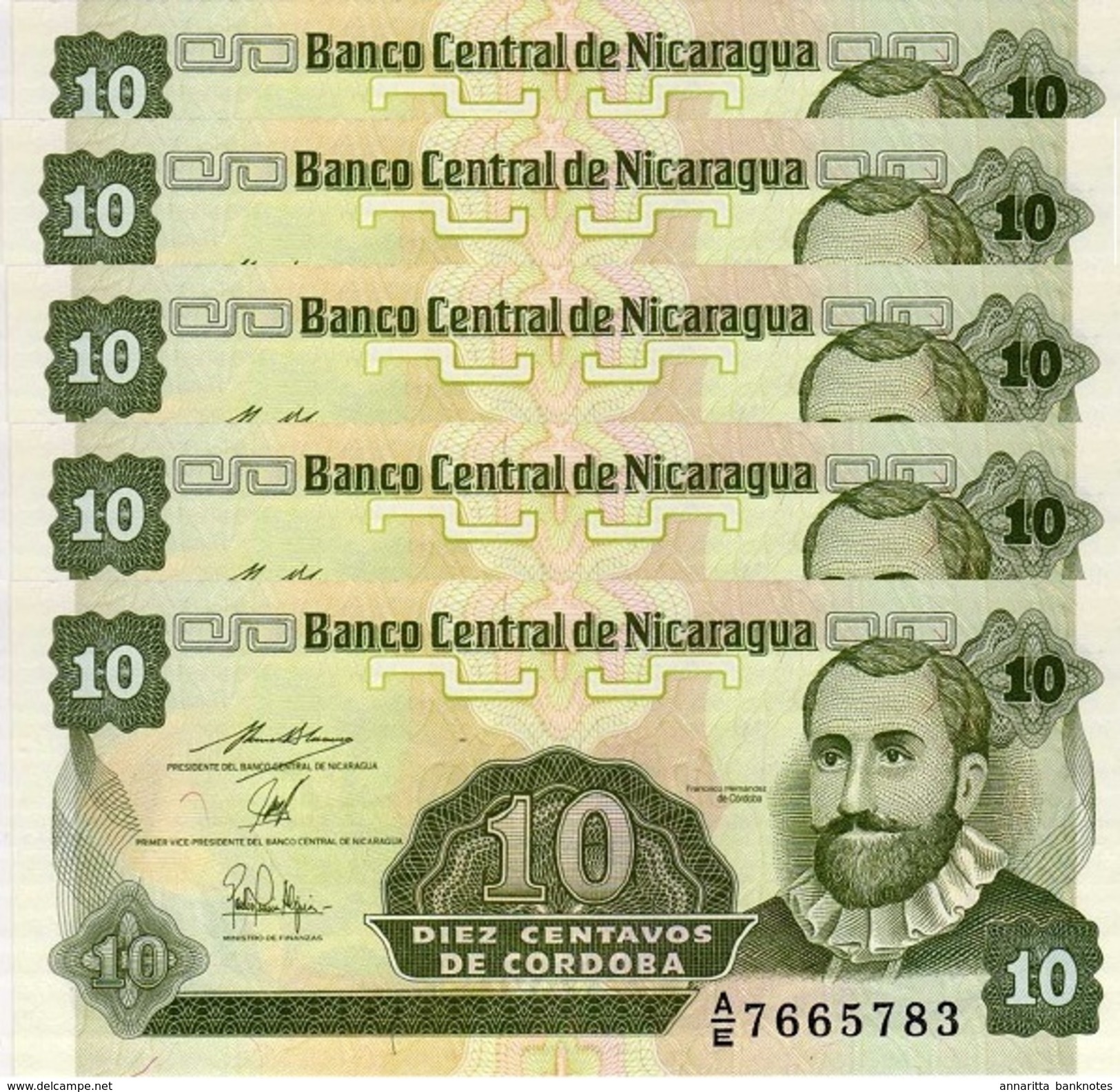 NICARAGUA 10 CENTAVOS ND (1990) P-169 UNC PREFIX A/E 5 PCS [NI463b] - Nicaragua