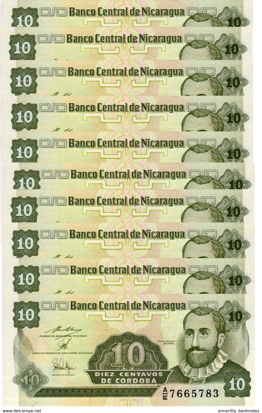 NICARAGUA 10 CENTAVOS ND (1990) P-169 UNC PREFIX A/E 10 PCS [NI463b] - Nicaragua