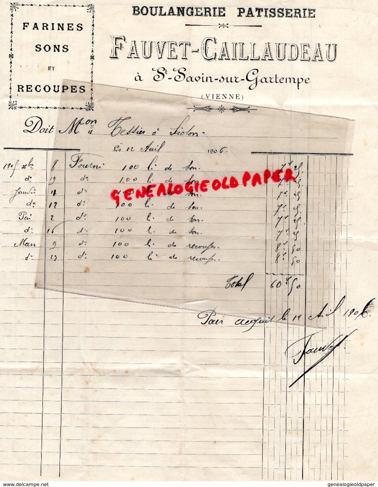 86 - ST SAINT SAVIN SUR GARTEMPE- FACTURE MANUSCRITE FAUVET-CAILLAUDEAU- BOULANGERIE PATISSERIE- 1906  BOULANGER - 1800 – 1899