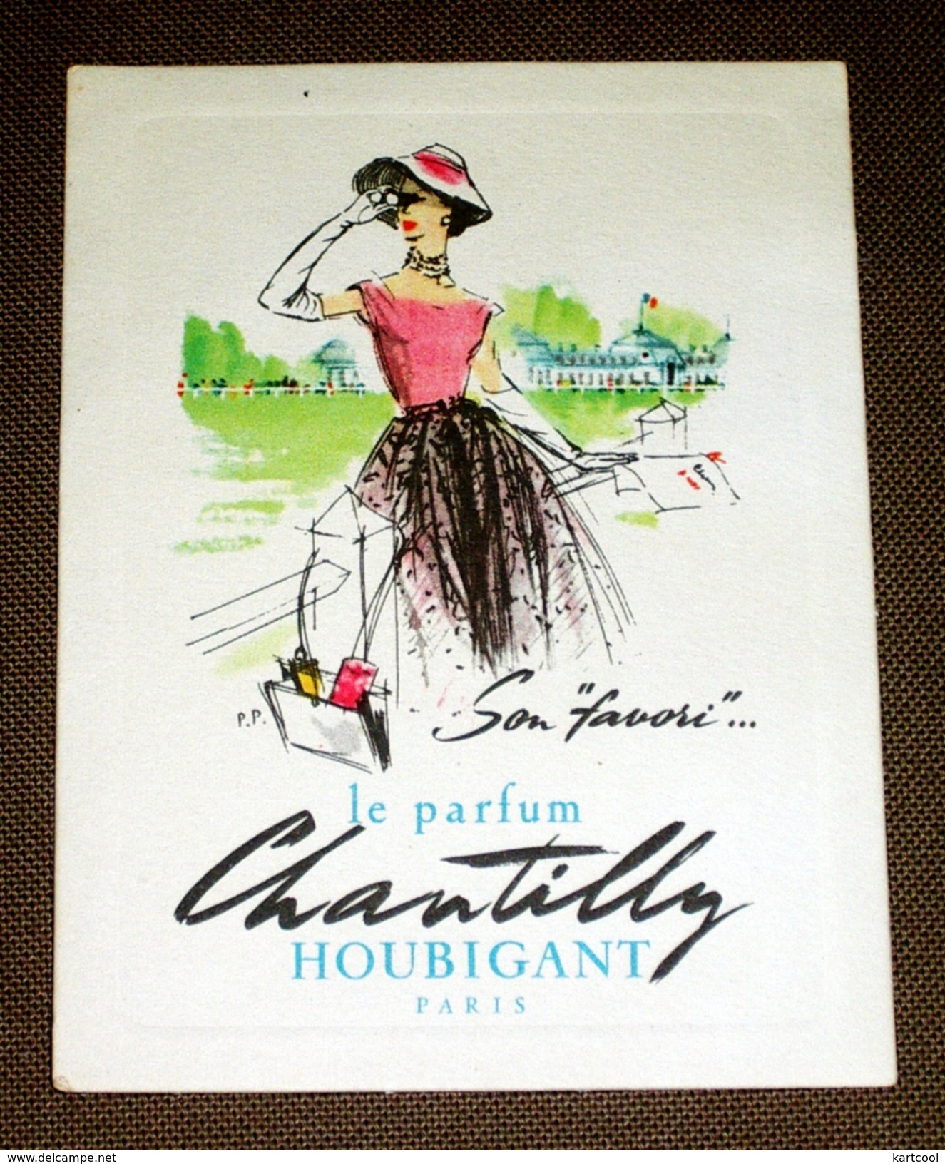 Publicité Houbigant Chantilly Carte Parfum 8,5X10cm - Jolie Illustration Femme Chapeau - Etiquettes