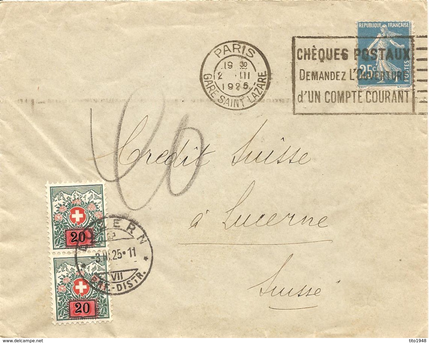 France, 37, 2.3.1925, Lettre, Paris à Luzern, Suisse, Taxée, Voir Scans! - 1900-27 Merson