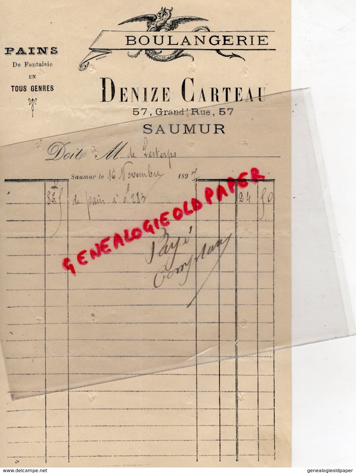 49 - SAUMUR- FACTURE DENIZE CARTEAU- BOULANGERIE 57 GRANDE RUE- BOULANGER-1897 - 1800 – 1899