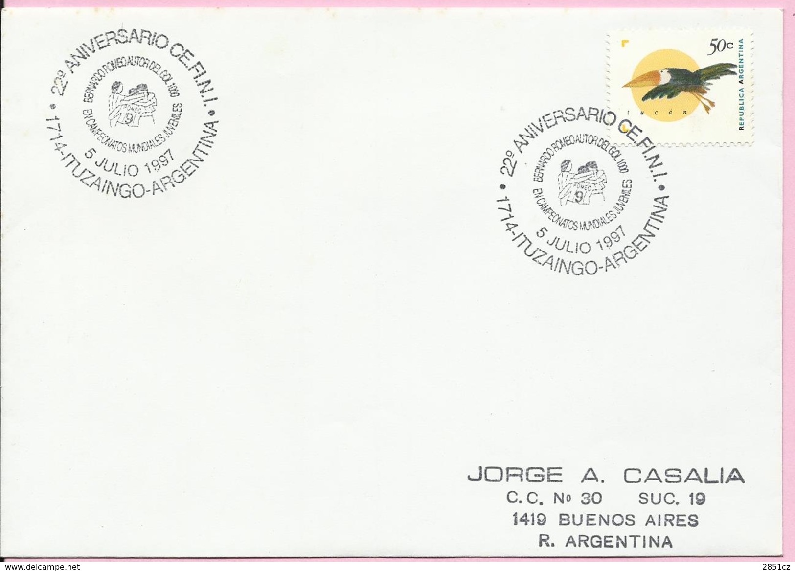 Letter - Stamp Tucan, Postmark 22nd Anniversary Of F.I.N.I., 1997., Argentina - Brieven En Documenten