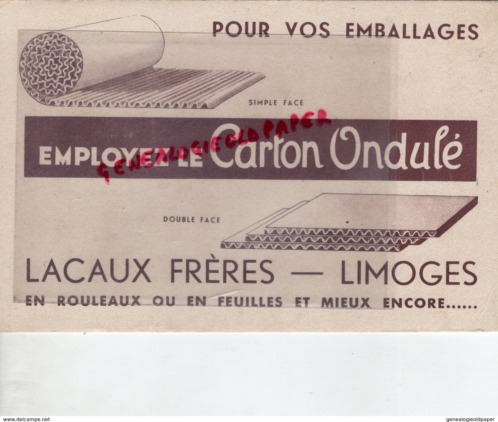 87 - LIMOGES- RARE BUVARD LACAUX FRERES- CARTON ONDULE-CARTONNERIE -EMBALLAGES BOITES PLIANTES - C