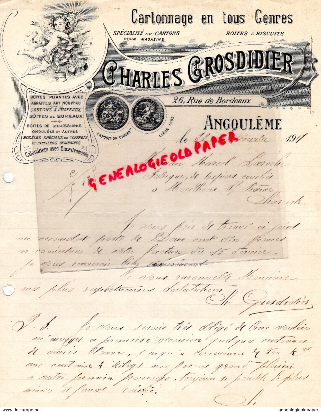 16 - ANGOULEME - BELLE LETTRE MANUSCRITE CHARLES GROSDIDIER-CARTONNERIE-CARTONNAGES-26 RUE BORDEAUX- 1917 CARTONS - Printing & Stationeries