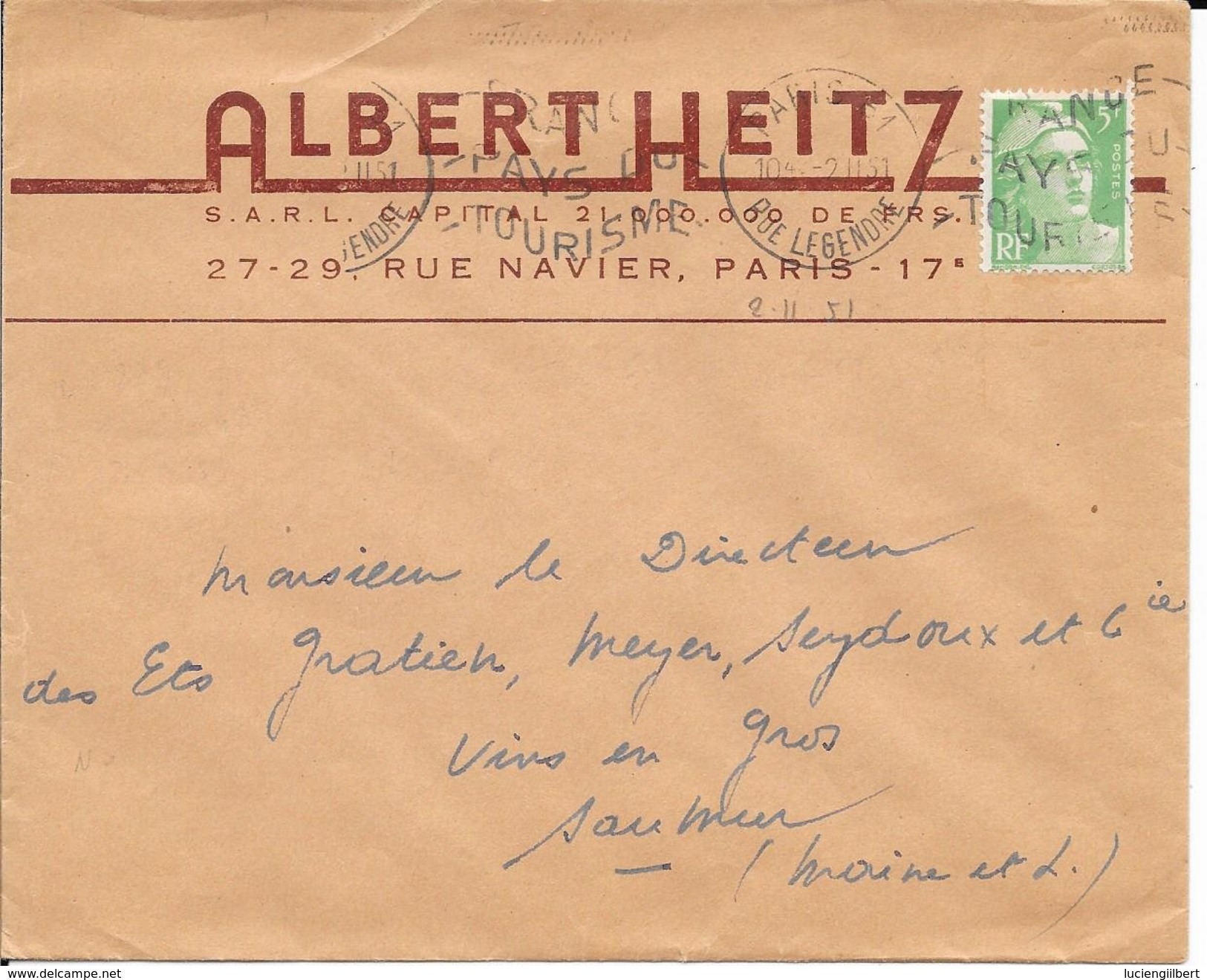 TIMBRE N° 809   - TARIF IMPRIME 6.01.49 / 30.06.57 - SEUL SUR LETTRE -  SUR ENVELOPPE ALBERT HEITZ - 1951 - Tarifs Postaux