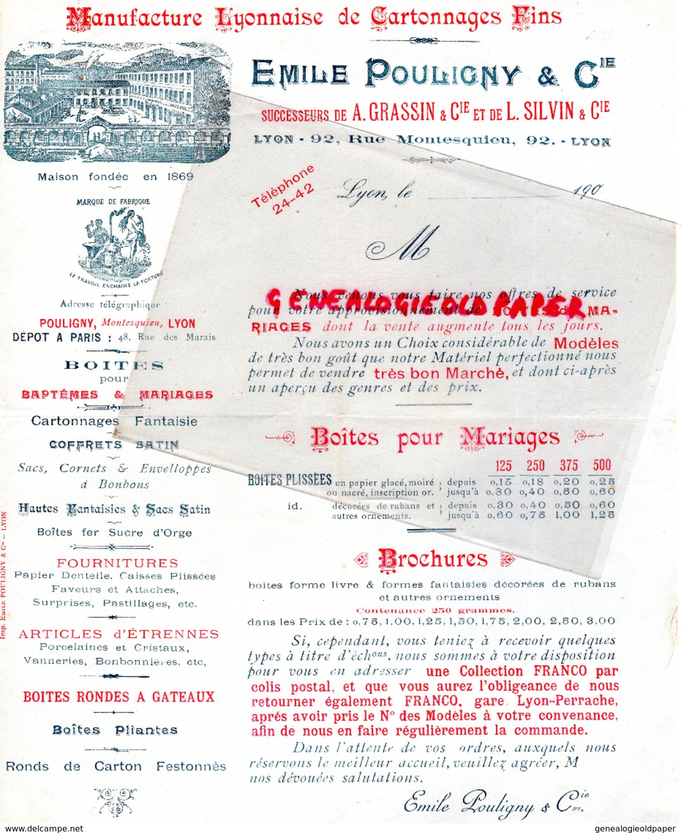 69 - LYON - BELLE LETTRE EMILE POULIGNY-MANUFACTURE LYONNAISE CARTONNAGES- A. GRASSIN ET L.SILVIN- 92 RUE MONTESQUIEU- - Drukkerij & Papieren