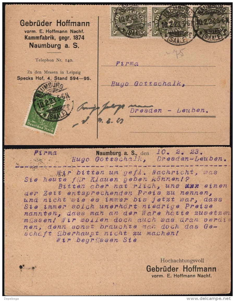 DR Postkarte, Gebrüder Hoffmann, Kammfabrik. NAUMBURG 10.2.1923 N. Dresden (Mi.187, 229). - Sonstige & Ohne Zuordnung