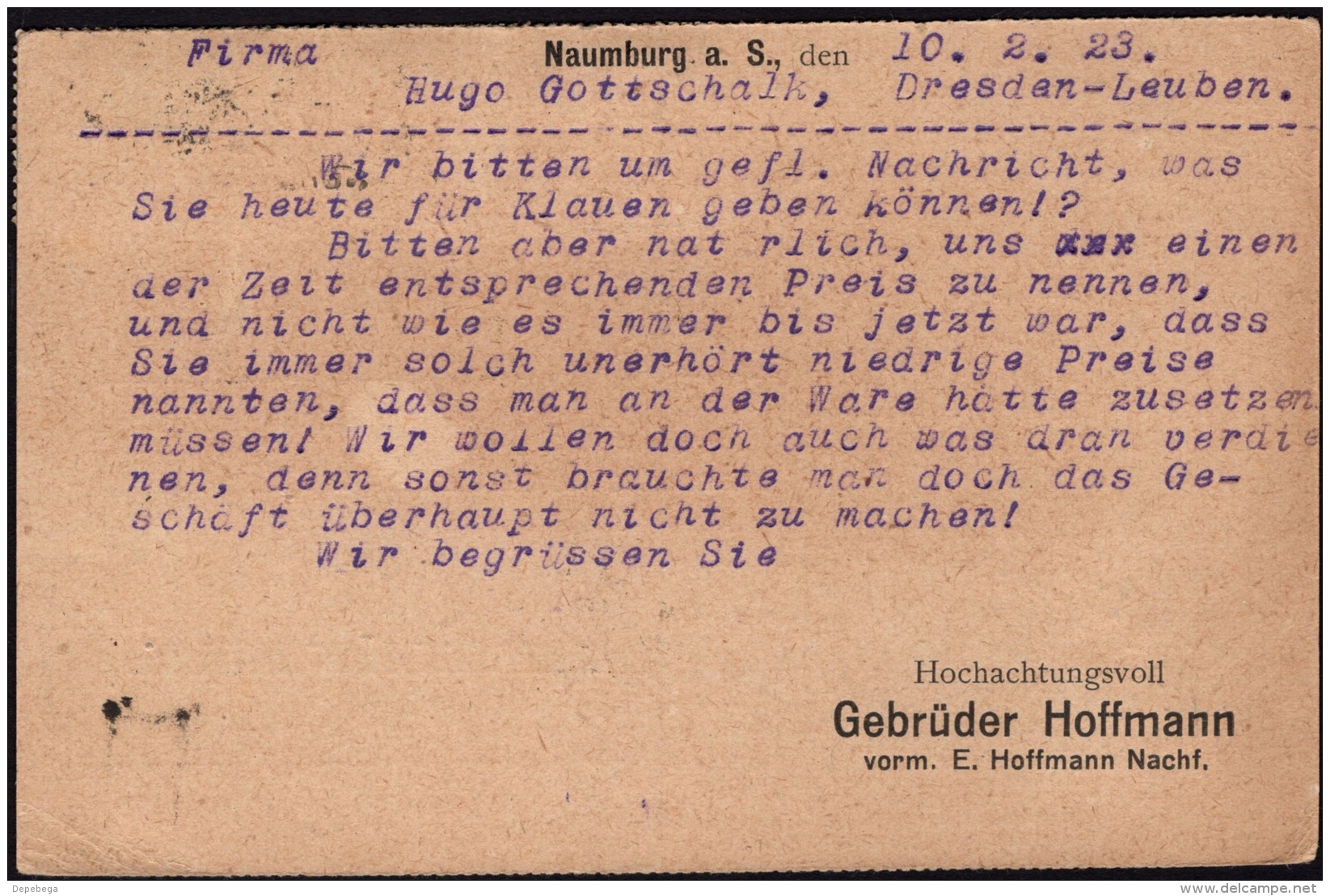 DR Postkarte, Gebrüder Hoffmann, Kammfabrik. NAUMBURG 10.2.1923 N. Dresden (Mi.187, 229). - Otros & Sin Clasificación