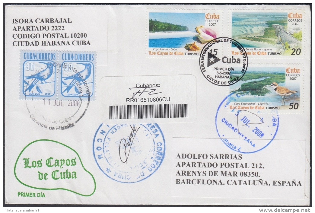 2007-FDC-99 CUBA 2007 FDC REG. COVER TO SPAIN. FAUNA DE CAYOS DE CUBA. AVES BIRD PAJAROS IGUANA LIZARD. SET + SHEET. - FDC