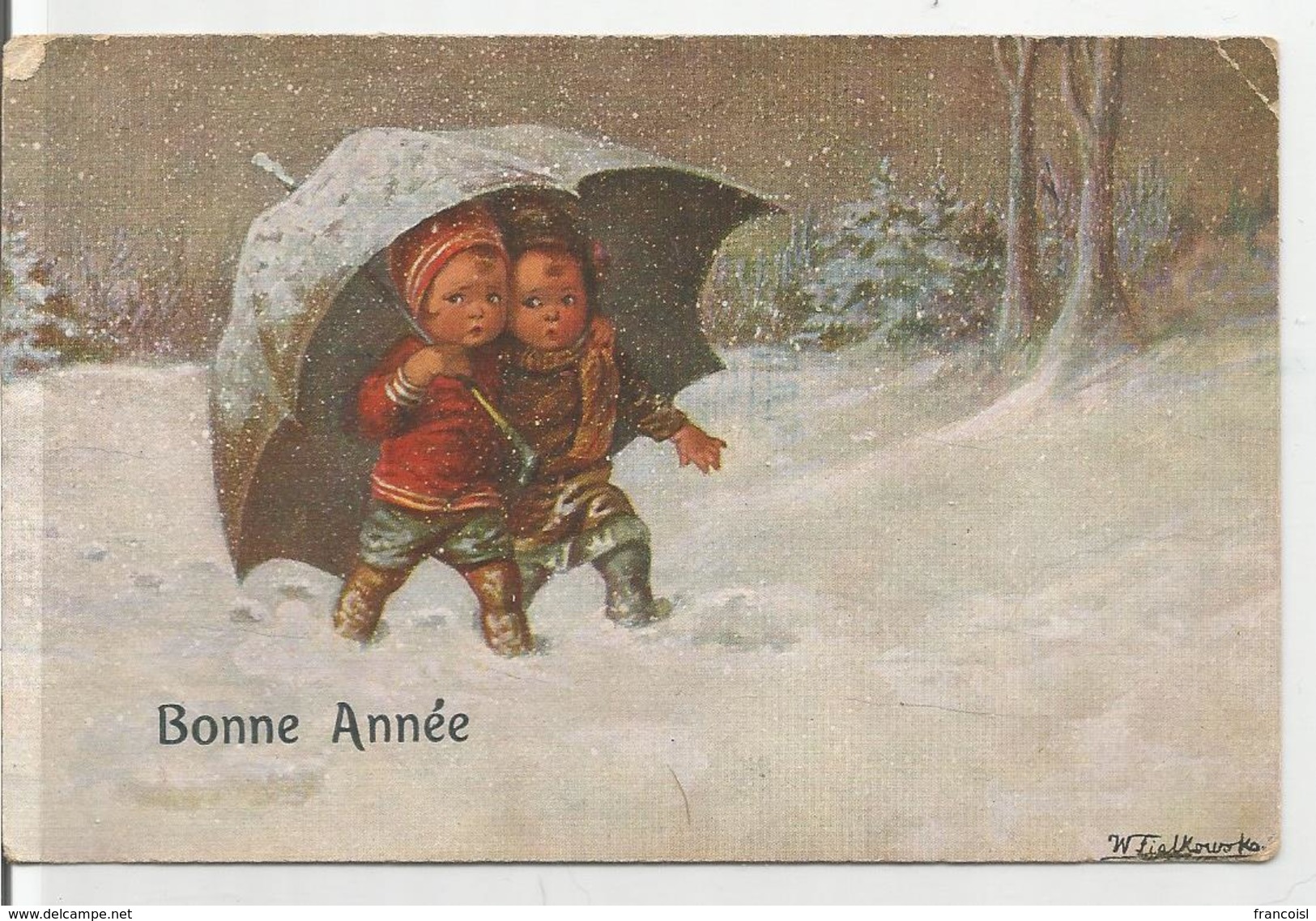 Deux Enfants Dans La Neige Sous Un Parapluie. Signé W. Tielkowska - Nouvel An