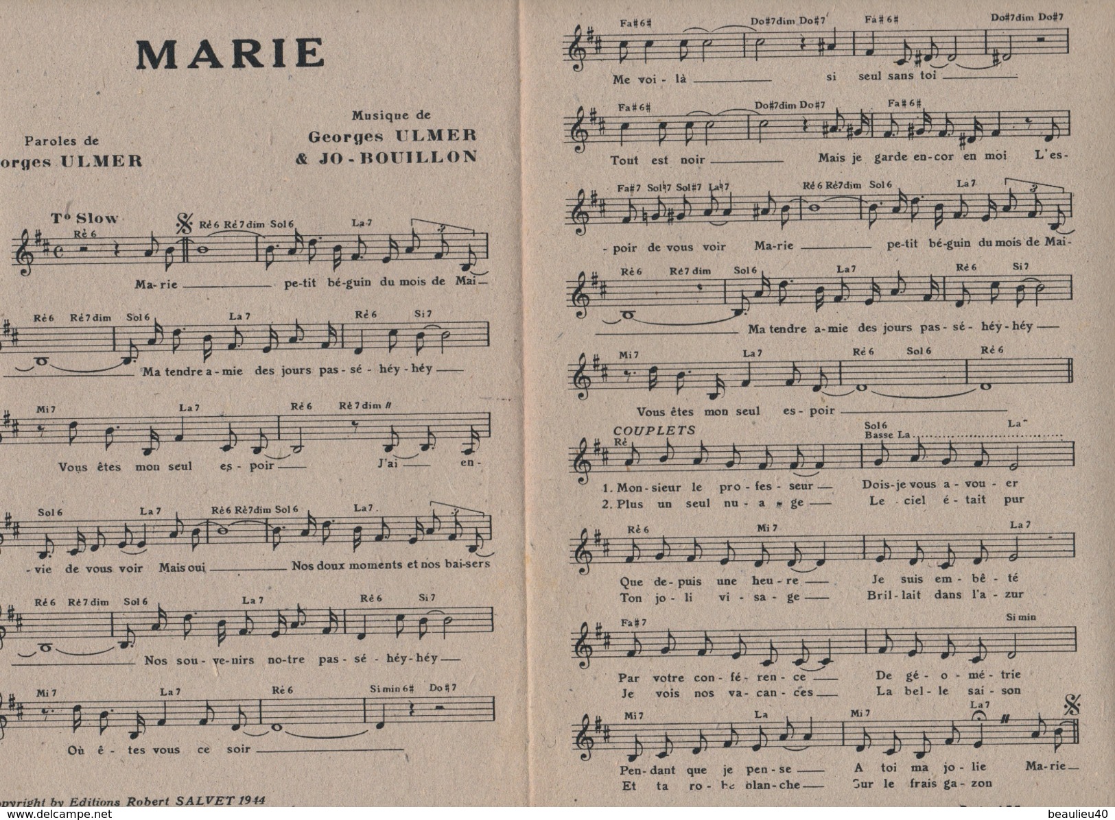 MARIE   GEORGES ULMER PAROLES ET MUSIQUE  DE G.ULMER ET JO BOUILLON  EDITIONS R.SALVET - Partitions Musicales Anciennes