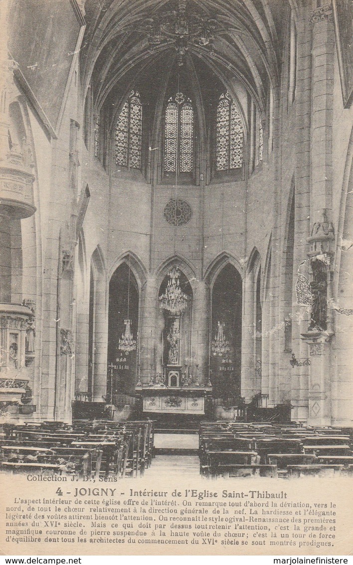 Dép. 89 - JOIGNY - Intérieur De L'Eglise Saint-Thibault. Collection J. D., Sens. N°4. Correspondance 1918. - Joigny