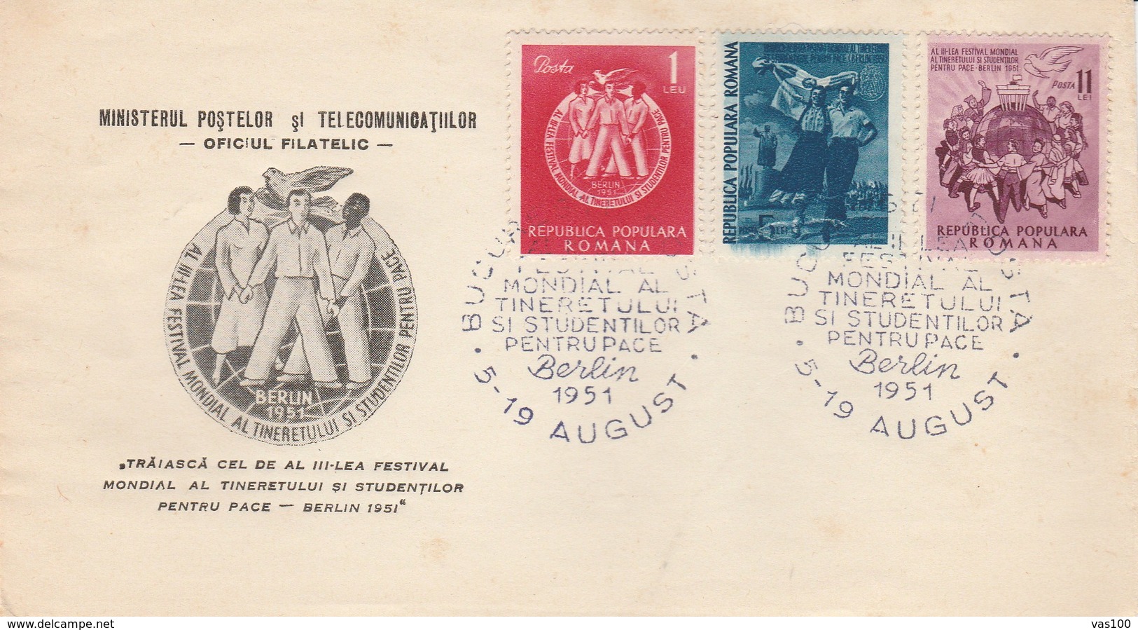 BV6779  World Youth Festival BERLIN 1951, COVER FDC ROMANIA. - FDC